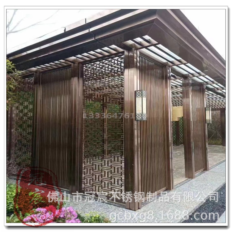 新中式售楼部小区展示区钢结构门楼 景观园林金属不锈钢门庭