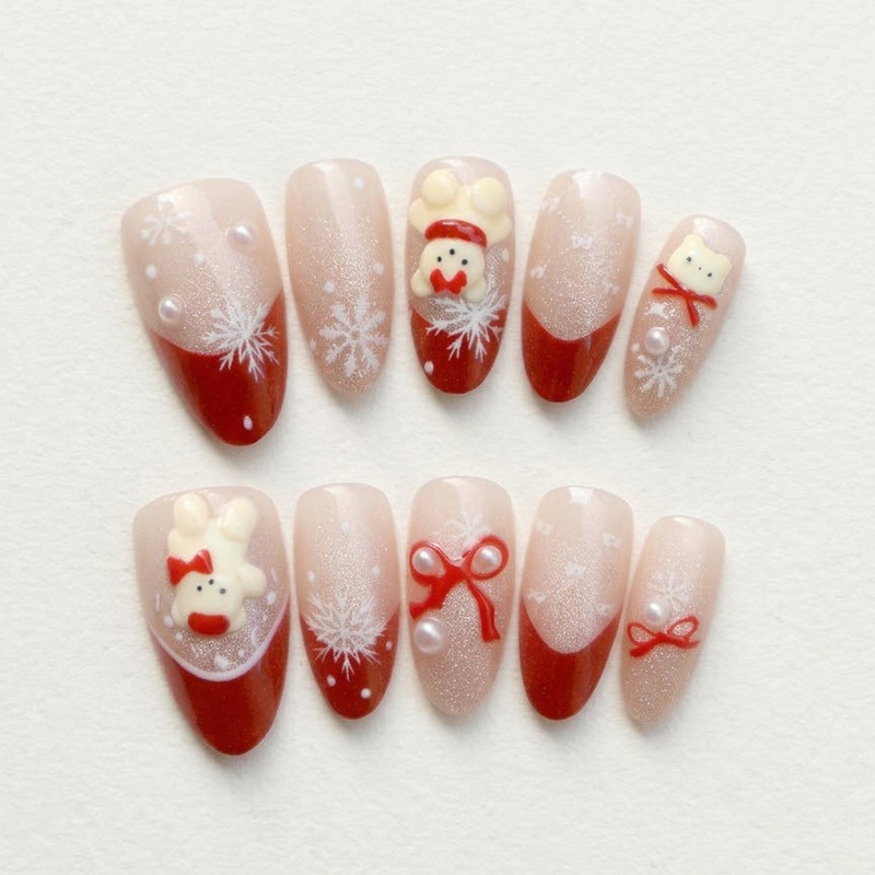 Cross-border 3D Christmas bear almond-shaped glitter cat-eye nail art, red bow nail tips, wholesale
