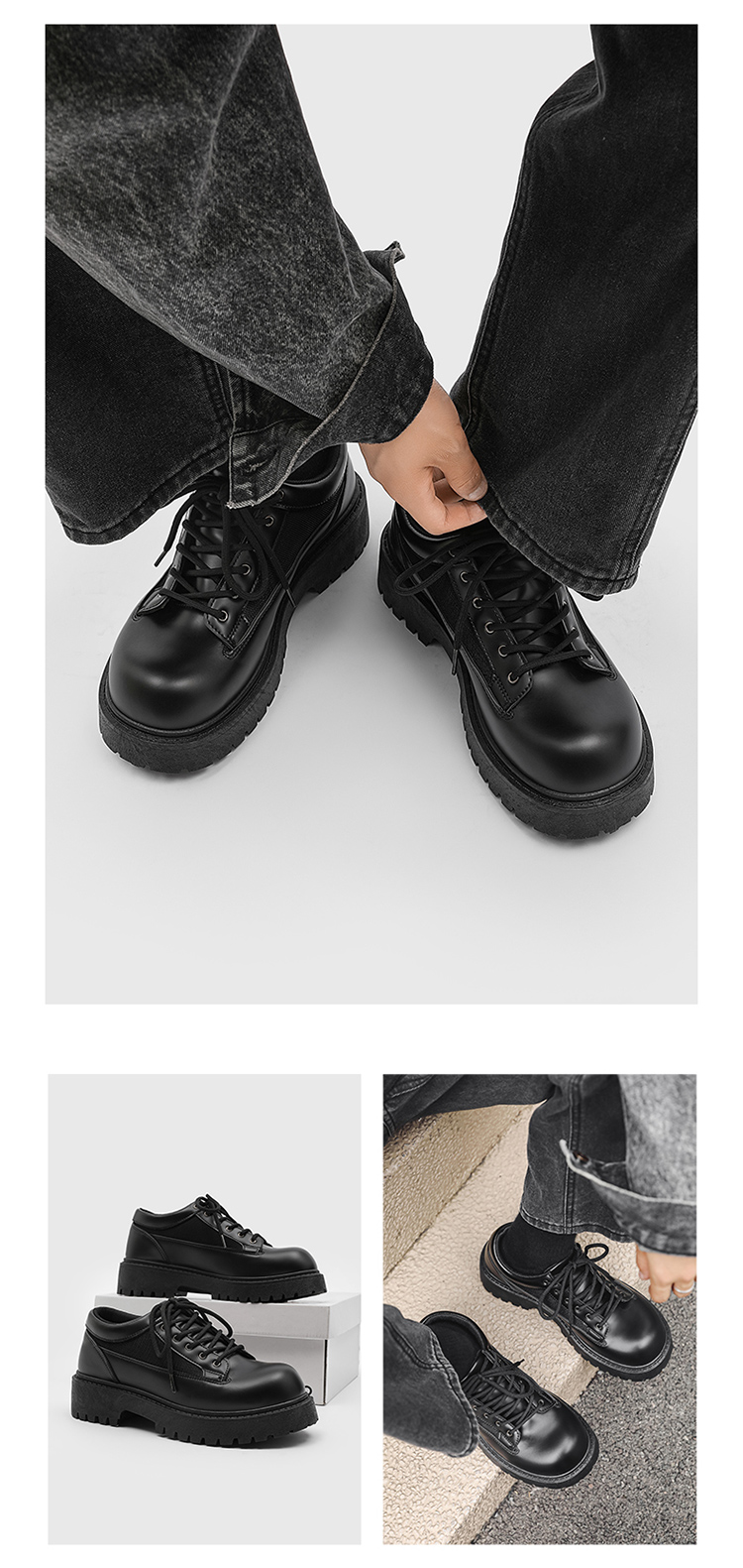 Baskets Derby pour homme ShoeVault, semelle épaisse rehaussante, noires, style britannique décontracté, chaussures de sport en cuir et mesh respirant pour l'été_voghion.com