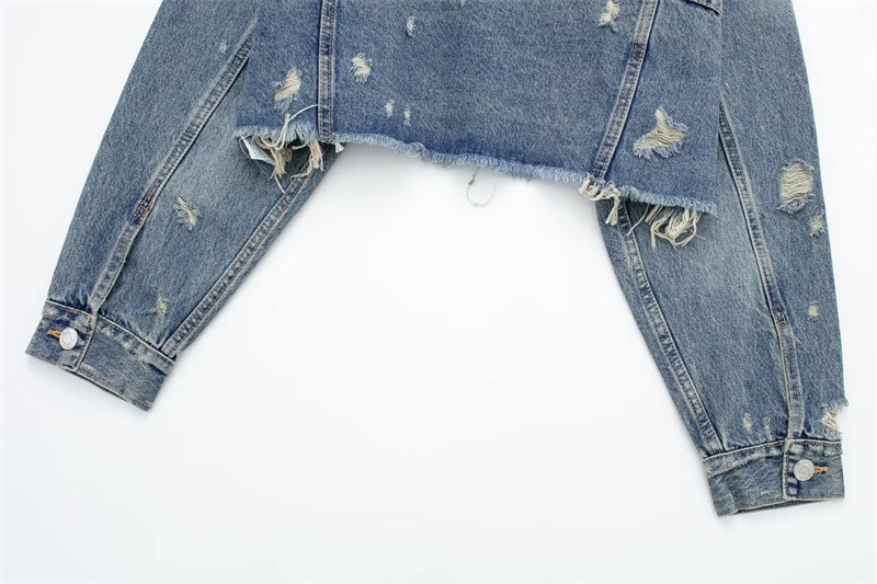 Retro Denim Jacket For Women Long Sleeved Collared Distressed Top_voghion.com