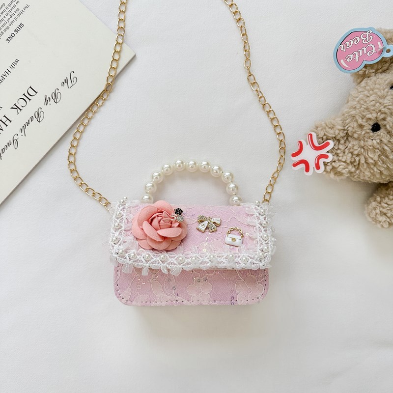 Nuevo bolso infantil, bolso de moda de perlas, bolso de hombro de flores de niñas, bolso de moda de cadena, mochila pequeña