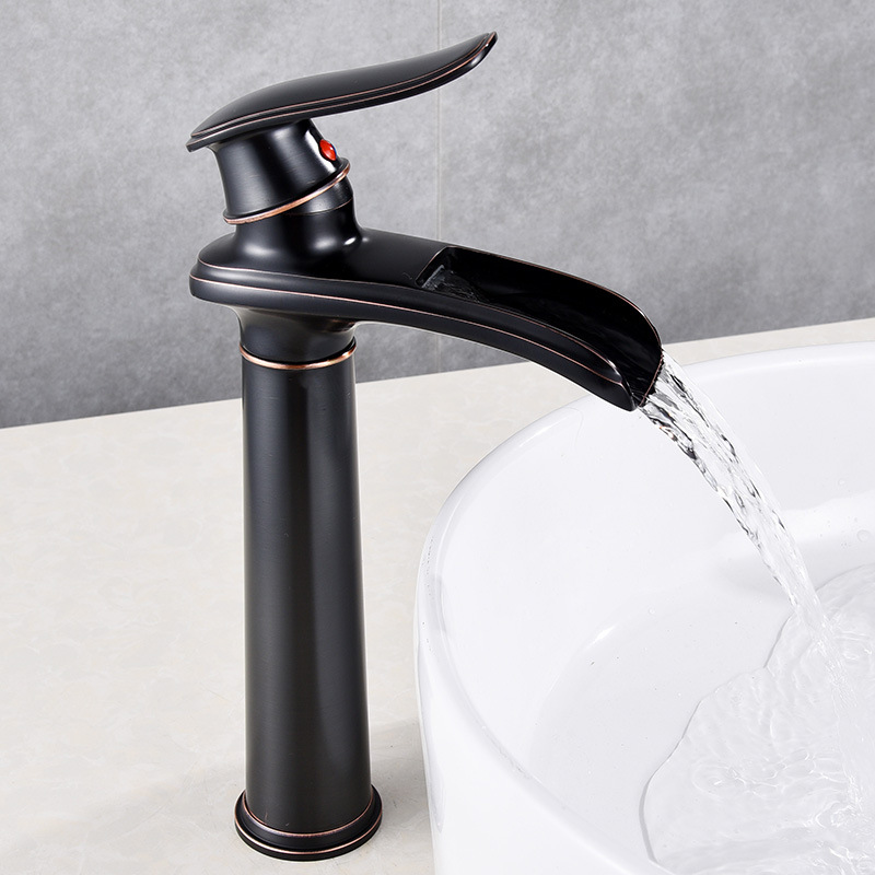 Cascada Cuenca del grifo de cobre caliente y fría lavabo mueble de baño negro lavabo de baño cuenca transfronteriza image 13