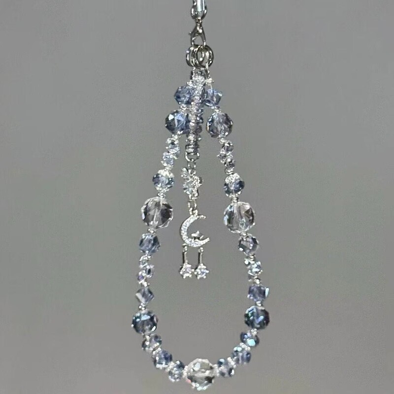 [Ocean Blue Glacier] Super Ice Transparent Summer Star and Moon Beaded Mobile Phone Chain Exquisite Flashing Niche Mobile Phone Hanging Chain