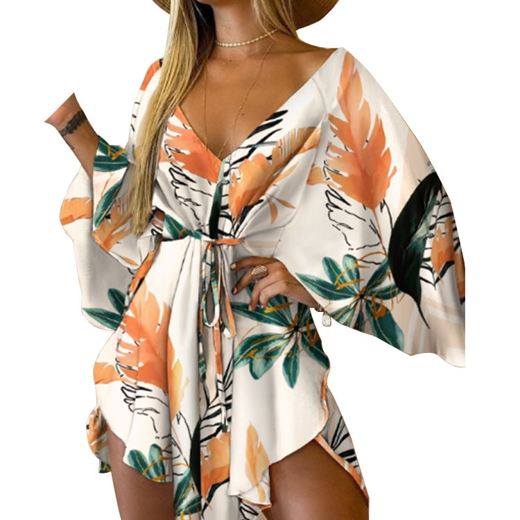 Printing Design Sexy Style Wholesale Women'S Sexy Printing Color Block Leopard Holiday V Neck Nine Points Sleeve Irregular Skirt