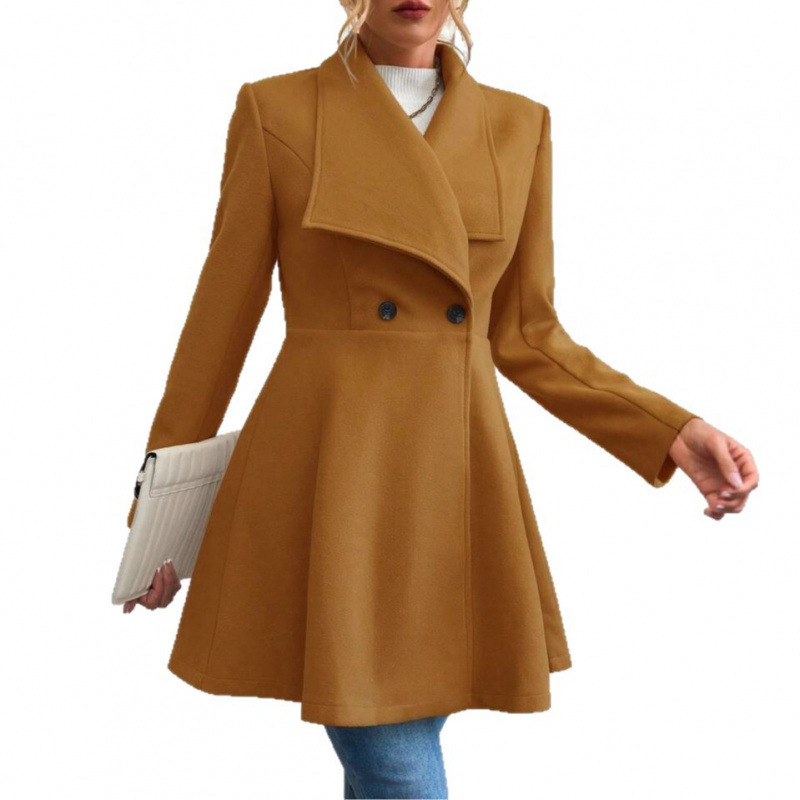 A Stylish Long Woolen Coat With A Fitted Collar For Autumn And Winter, Featuring A Fashionable Turned-Down Collar For Wo_ecoleips.com