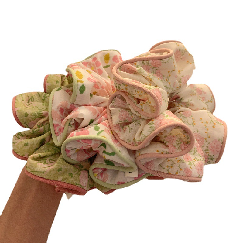 Flores rosa coreanas anillo de cabello de intestino grande para mujeres Sen Sen Sen Mei de alto nivel de sensación de cabello cuerda de cabello de gran tamaño de sensación de alto nivel adornamiento de cabello