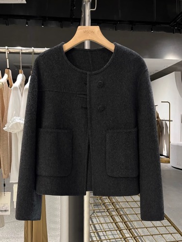 Stylish Short Plaid Wool Coat for Women - Deep Gray, Autumn/Winter Design, Unisex Double-Faced Wool Overcoat