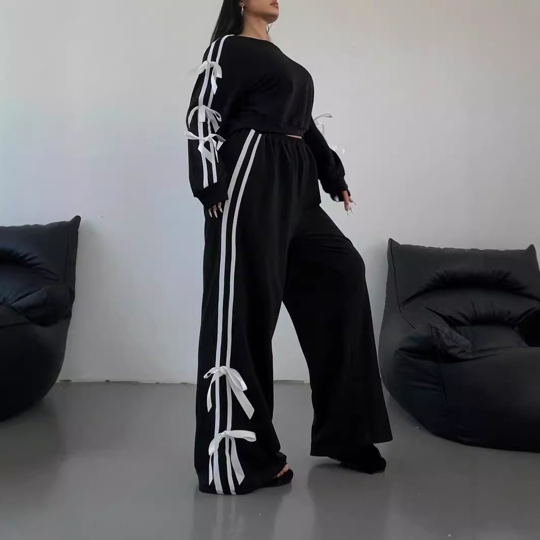 Plus Size Fashionable Casual Style Bow Design Women's Set Autumn Winter Style_ecoleips.com