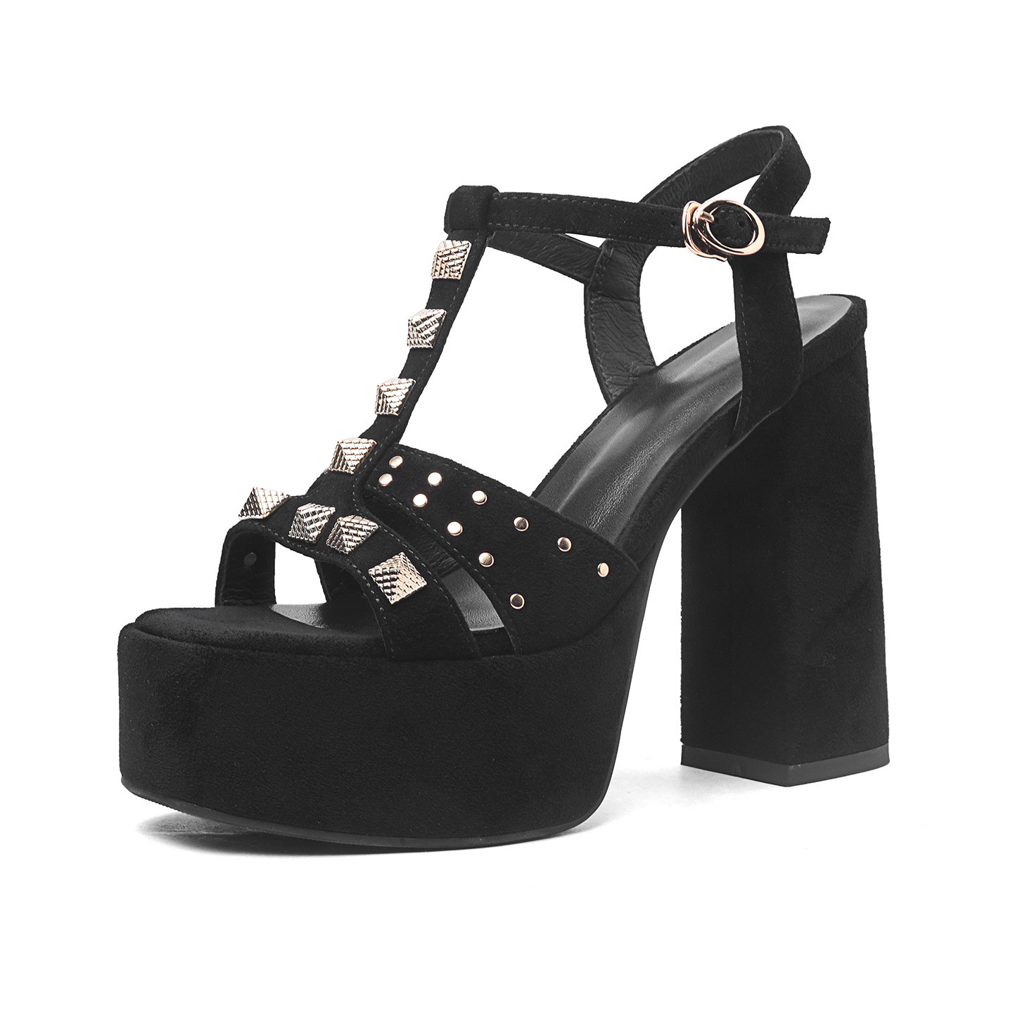 Sandal cao gót nữ hở mũi quai chữ T đinh tán, đế dày 12 cm — đen chi tiết 12