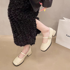 女性用の快適なソフトレザーフレンチストラップメリージェーンシューズ、厚いヒール、レトロスタイル、ミディアムヒール、スクエアトゥの小さな革靴、ソフトソールシューズ