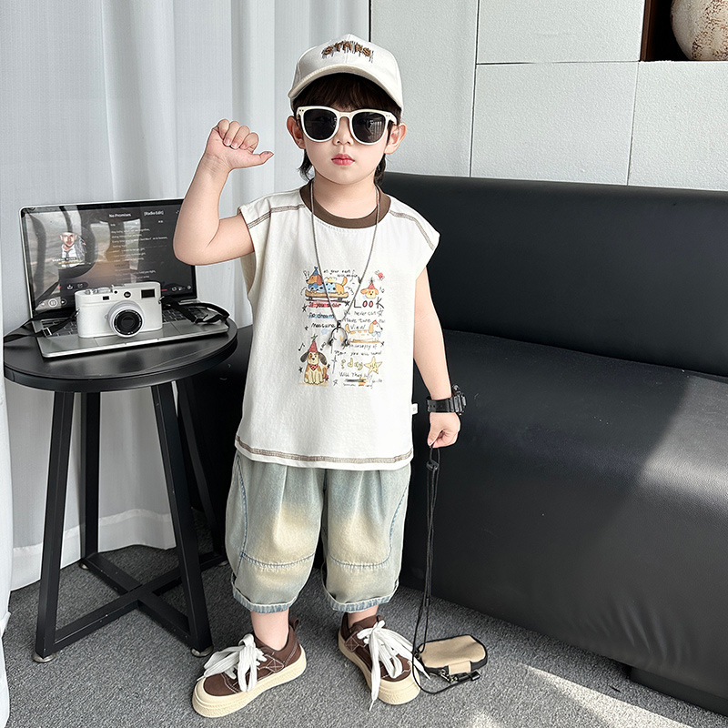 7396 traje de chaleco para niños verano 2025 nuevo vestido de verano sin mangas para niños fresco y guapo bebé delgado de dos piezas de verano