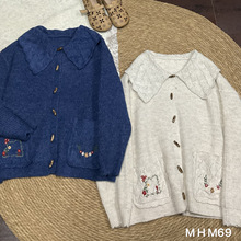 冬季新款女翻领毛衣针织衫上衣开衫复古风甜美森系女装无