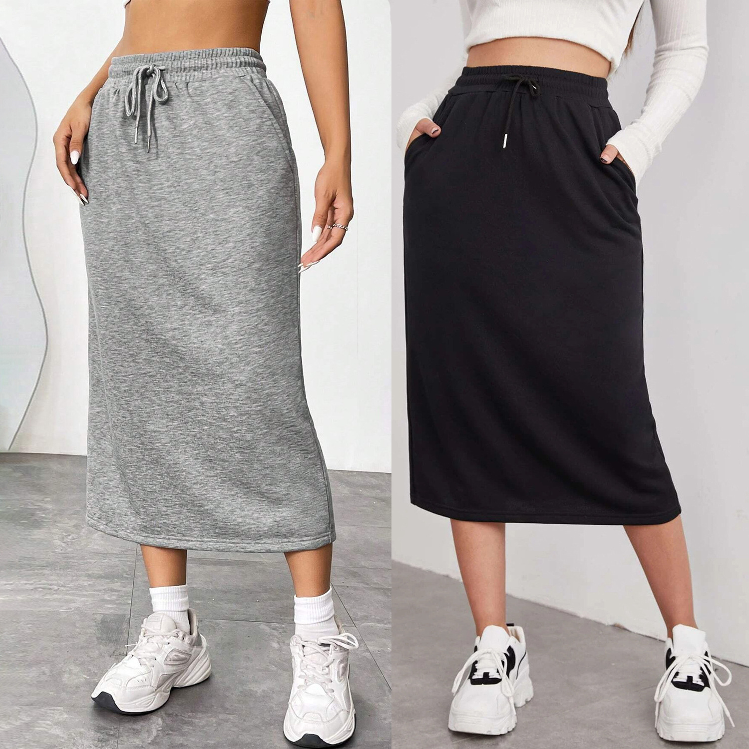 2025 Export American Summer A-Line Pure Color Elastic Waist Mid-Length Sports Casual Slimming Look Hip Skirt