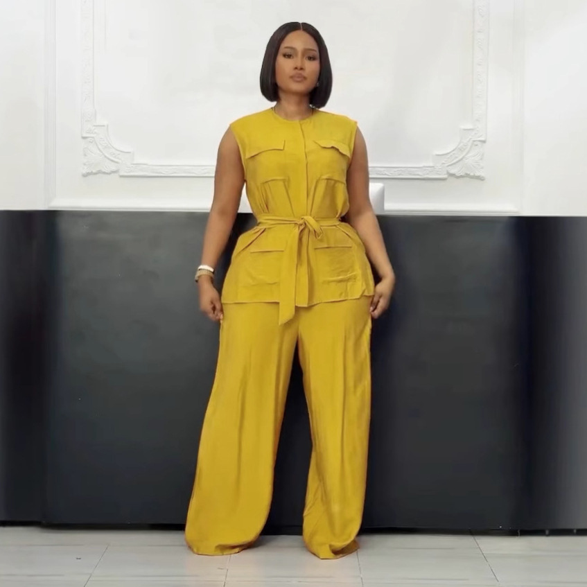 Elegant Sleeveless Vest & Wide-Leg Pants Set – Breathable Polyester Two-Piece Outfit (White/Pink/Yellow/Orange, S-3XL)​_ecoleips.com