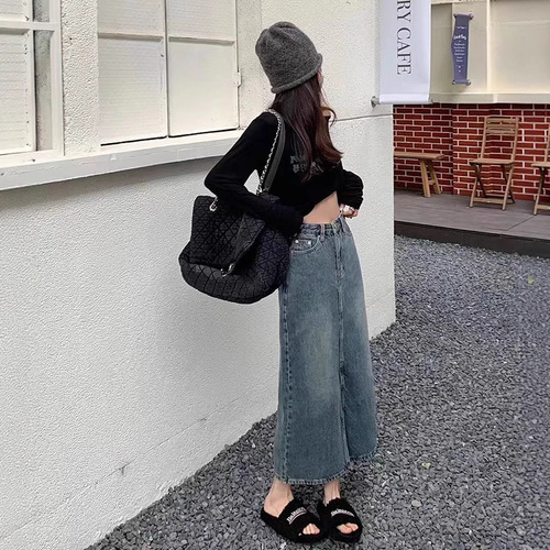 Split medium and long summer front  retro spring and summer cowboy women's new slimming A-line skirt high waist