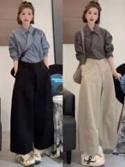 秋季穿搭一整套女设计感韩系时尚长袖衬衫休闲阔腿裤两件套潮
