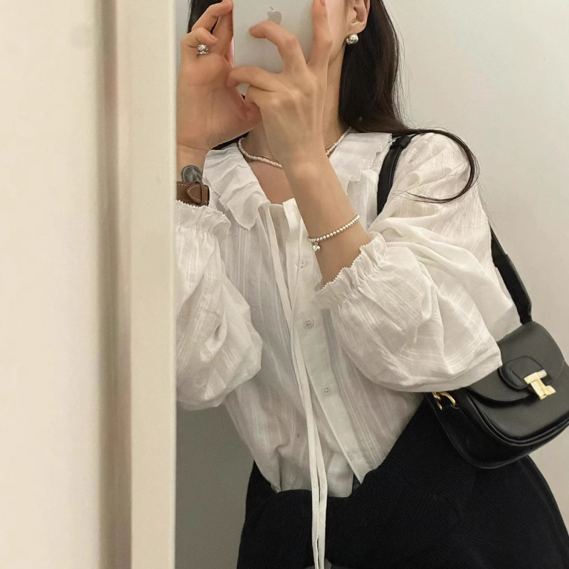 Dongdaemun Ins Early Spring New Korean Style Single-Breasted Cotton Jacquard Ribbon Long-Sleeve Shirt Women's Top Dongdaemun Ins Early Spring New Korean Style Single-Breasted Cotton Jacquard Ribbon Long-Sleeve Shirt Women's Top