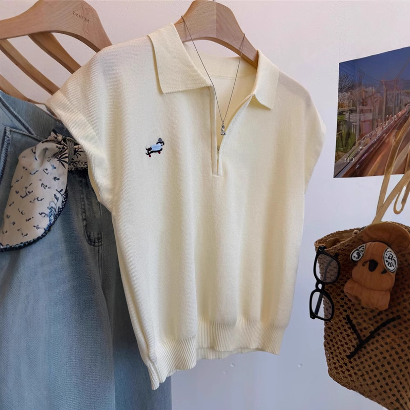Liang Yixuan Cool Summer Skateboard Dog Sleeveless Lapel Half-Zip Ice Silk Sweater Women's Western Style Cap Sleeve Top Liang Yixuan Cool Summer Skateboard Dog Sleeveless Lapel Half-Zip Ice Silk Sweater Women's Western Style Cap Sleeve Top