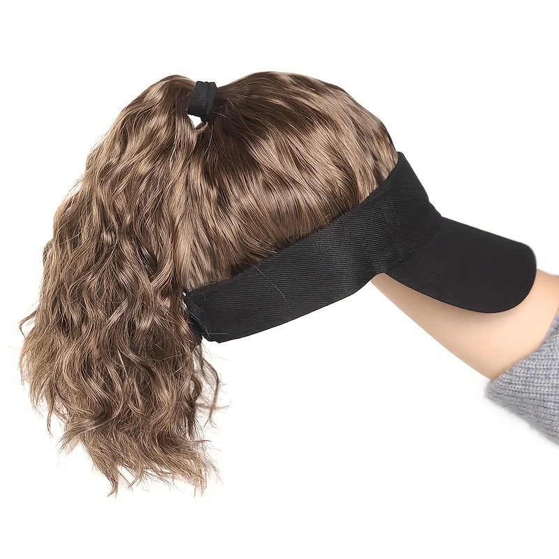 Women's Sun Black Cap Hat Integrated Synthetic Wig Corn Perm Ponytail Slightly Curly_voghion.com