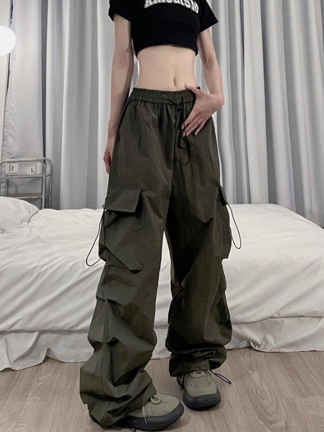 인스 스타일 스트레이트 워크웨어 루즈핏 와이드 팬츠, 봄/가을용 미국 스타일 캐주얼 팬츠, 슬림하고 다리가 길어보이는 바지
