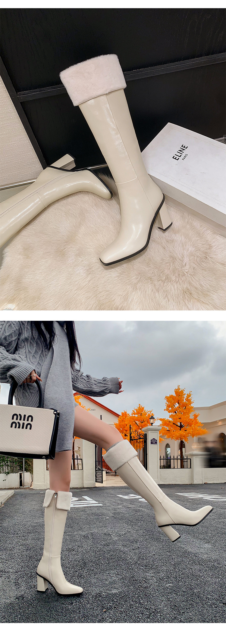 Boot nữ cổ cao mũi vuông gót dày da thật, phong cách hiệp sĩ, có thể gập ống — Lớp lót nhung đen chi tiết 16