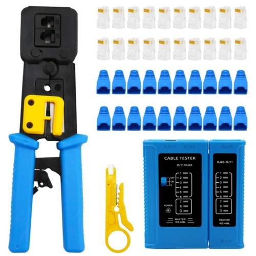 Full-featured kit: Category 7 Cat7 crystal-head network cable pliers, Super Category 6 butterfly clips, through-hole crystal heads, and 8P network crimping tool