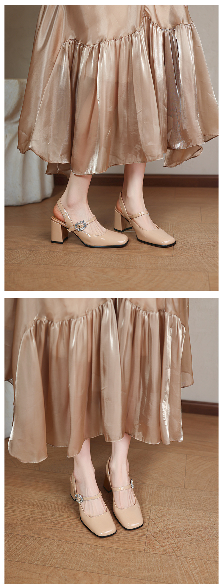 Giày sandal cao gót nữ quai ngang mũi tròn bít, gót 7 cm, phong cách Mary Jane — màu đen, Rượu vang đỏ, màu mơ, bạc chi tiết 24