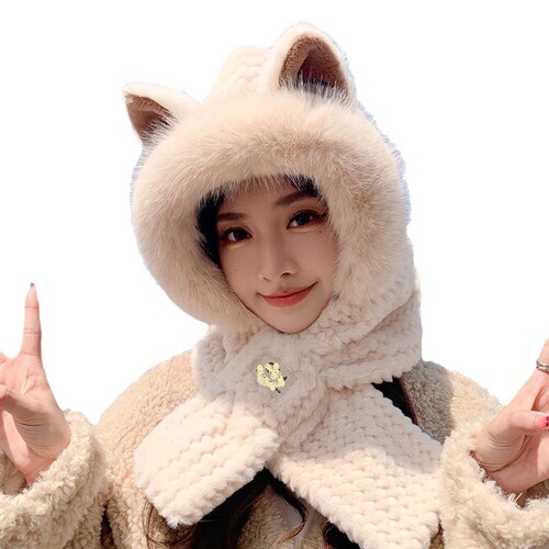 Fox Ear Hat for Girls, 2025 New Style Autumn/Winter Fashion Scarf and Neck Warmer, Warm and Plush One-Piece Hat for Girls