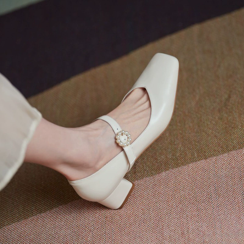 женские туфли на плоской подошве в твидовом стиле на толстом каблуке 2024, новые женские туфли с пряжкой и квадратным носком, жемчужные женские туфли на среднем каблуке с неглубоким горлышком