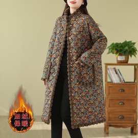 冬季加绒保暖棉衣外套女宽松显瘦过膝长款加厚民族风碎花棉袄棉服