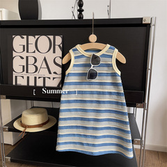 童裝女童連衣裙寶寶2024新款夏季洋氣條紋背心兒童多巴胺無袖裙子