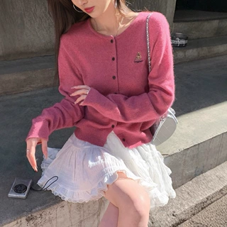 YUNSHU2025秋季小熊刺绣圆领针织开衫上衣女休闲显瘦百搭长袖毛衣