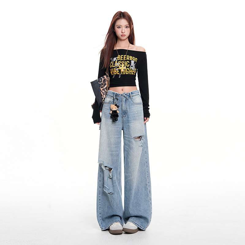 Mid-Waist Cuffed Ripped Wide-Leg Jeans Mid-Waist Cuffed Ripped Wide-Leg Jeans