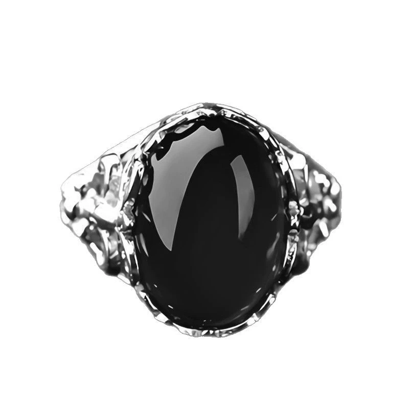 Agate stone inlay, retro ring with crystal emerald, with gem, on index finger