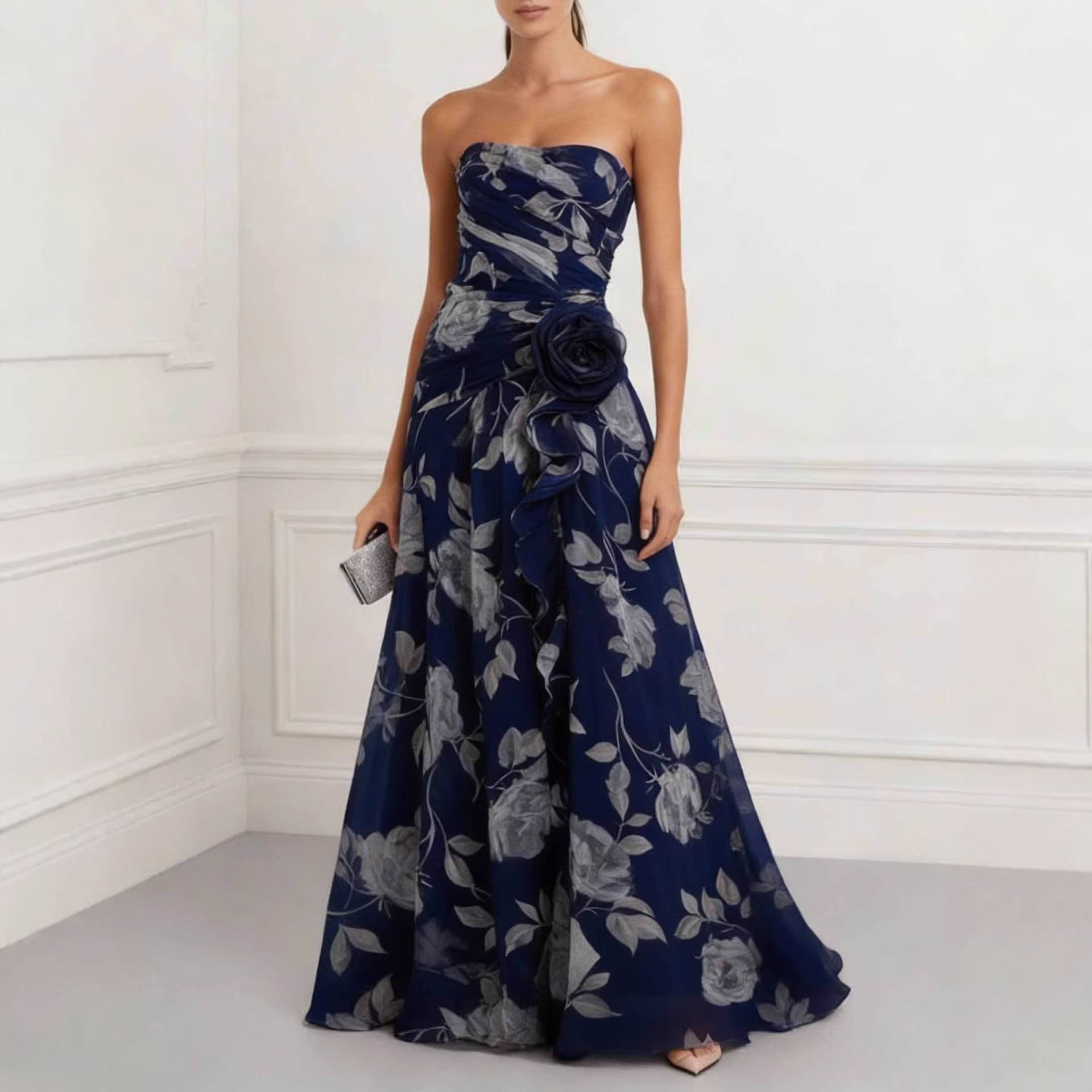 2026 European And American Cross-border Independent Site Party Elegant Ruched Strapless Printed Dress_ecoleips.com