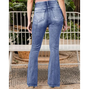 Source Foreign Trade Cross-border Amazon European and American Foreign Trade 2022 European and American Side Button Mid-waist Micro-pull Jeans