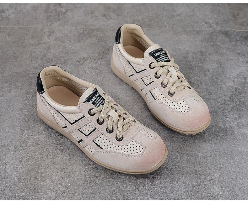 Giày sneaker nữ da bò thật lỗ thoáng khí đế bệt nhẹ phong cách Đức Huấn — màu be chi tiết 13