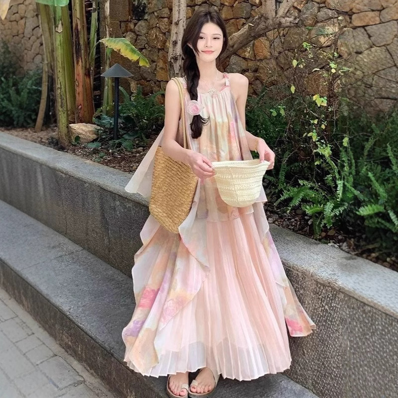 French-Style Atmospheric Oil Painting Print Spaghetti Strap Dress for Women, 2026 Summer New Seaside Vacation Style Pleated Mesh Long Dress