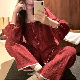 韩国ins女士春秋新品韩系圆点简约舒适花边睡衣套装圣诞红家居服