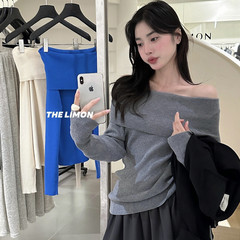 thelimon一字肩针织衫女2025秋季新款设计感小众露肩毛衣上衣潮