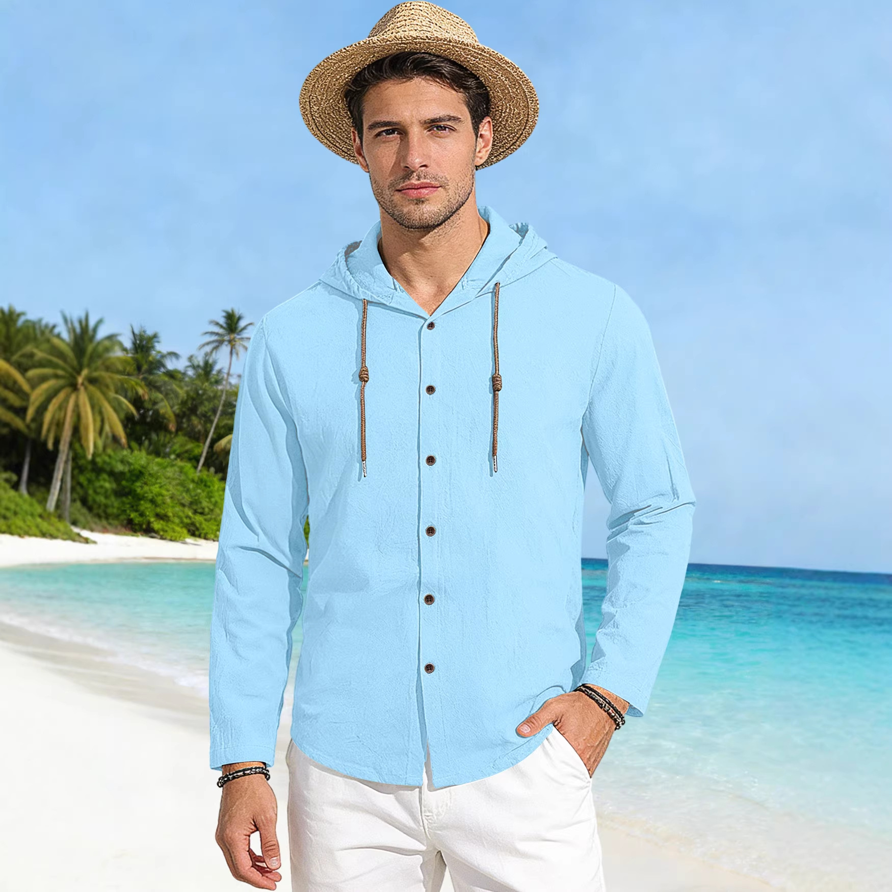 Transfronterizo Amazon nuevo estilo de primavera y verano hombre encapuchado camiseta suelta de algodón puro transpirable camisa casual de manga larga