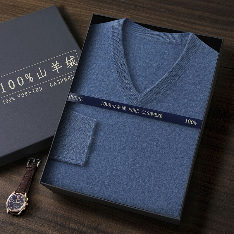 100% Pure Cashmere Sweater for Men, V-Neck, Young and Middle-Aged Business Casual, Sweetheart Neck Sweater, Large Size Knitted Sweater, Thickened Wholesale