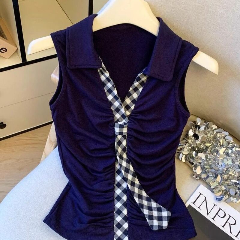 Solid Color Polo Collar Sleeveless T-Shirt for Women, New Summer Style, Slim Fit, Plaid Tie, Pleated Top