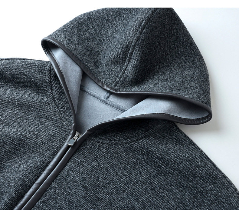 Áo khoác nữ dáng ngắn có mũ kéo khóa phối túi da, chất liệu len cashmere pha, form thường — Khói đá Ash chi tiết 14