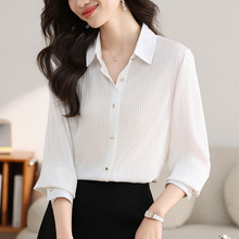 韩版高级感真丝条纹长袖衬衫上衣女春夏新款通勤百搭垂感别致衬衣