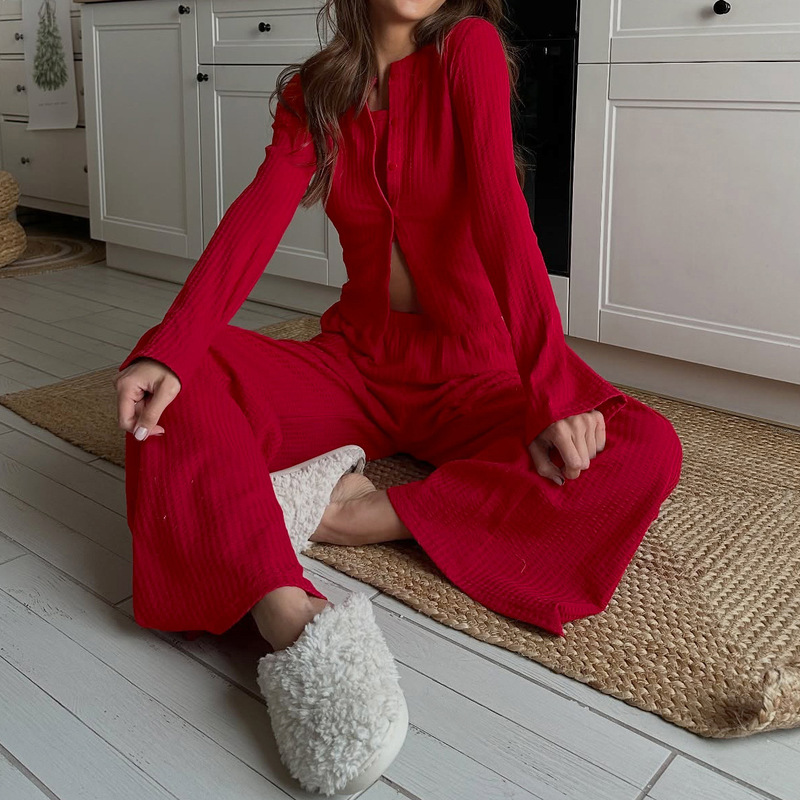 2026 European and American Autumn and Winter New Christmas Waffle Knit Camisole Long-Sleeve Long Pants Pajama Three-Piece Set Loungewear 2026 European and American Autumn and Winter New Christmas Waffle Knit Camisole Long-Sleeve Long Pants Pajama Three-Piece Set Loungewear