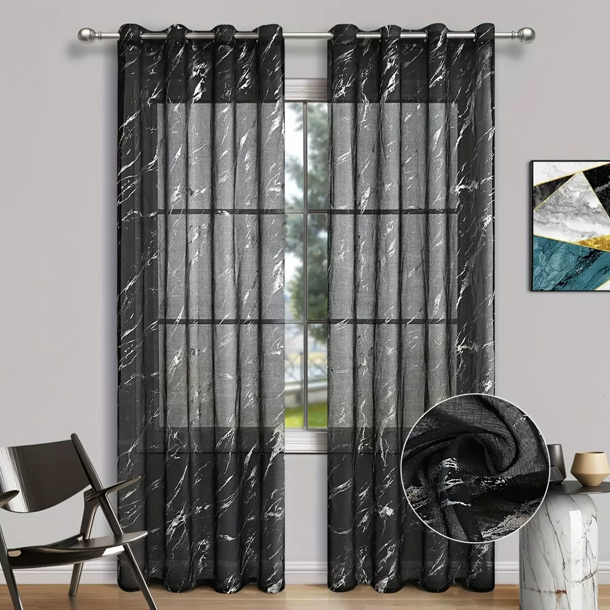 亚马逊现代简约烫银大理石打孔窗帘布卧室客厅隔断装饰穿杆窗纱
