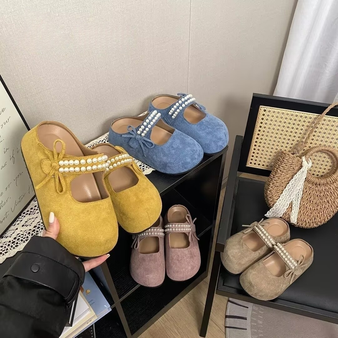 Trendy Closed-Toe Mules for Women Spring/Summer 2025 New Pearl Slip-On Thick-Soled Birkenstock-Style Sandals Lazy Shoes