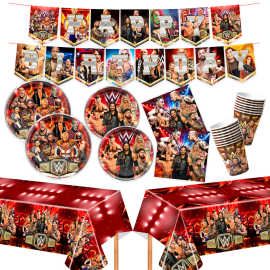 WWE美式摔跤娱乐主题生日派对餐具纸盘纸杯纸巾横幅拉旗装饰用品