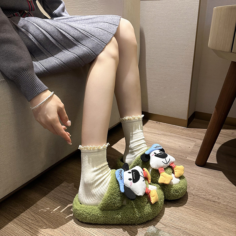 可爱卡通毛绒蓝帽狗毛拖鞋女外穿2025年秋冬新款厚底休闲棉拖鞋女|undefined